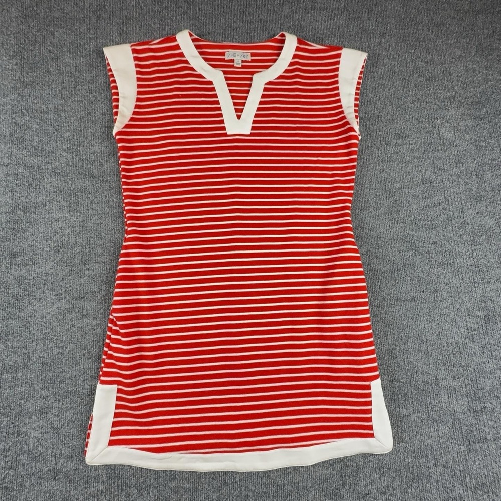 She + Sky T-Shirt Dress Womens Small Red Striped V Neck Cap Sleeve Shift Casual